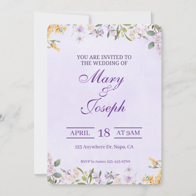 Elegant Lila Watercolor bröllopsinbjudan Inbjudningar (Framsida)