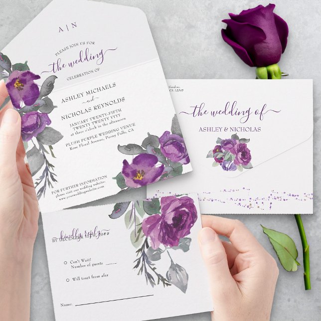 Elegant Lila Watercolor Flowers Bröllop (All in One Wedding Invitation with tear-off RSVP from my Plush Purple Wedding Collection)