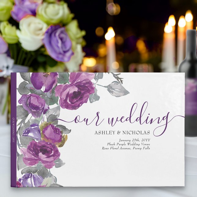 Elegant Lila Watercolor Flowers Bröllop Gästböcker (Elegant purple floral guest book from my Plush Purple Wedding Collection )