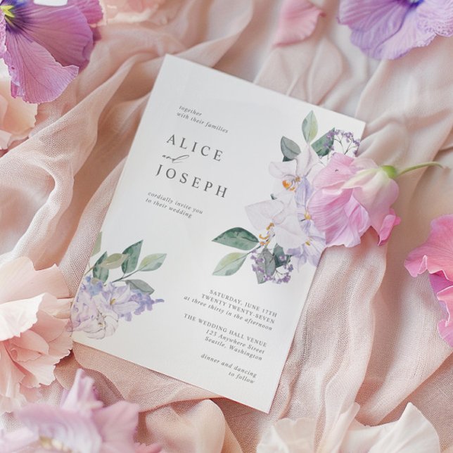 Elegant Lila Watercolor Flowers & Greenery Inbjudningar (Elegant Purple Watercolor Flowers & Greenery Invitation)