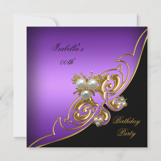 Elegant Lila White Black Guld Pearl Birthday Inbjudningar (Framsida)