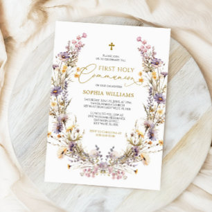 Elegant Lila Wildblomme First Heliga Communion Inbjudningar