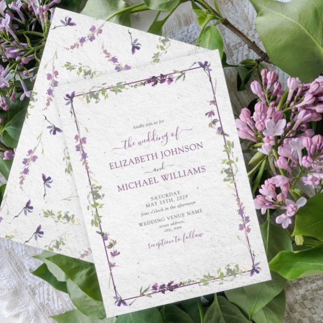 Elegant Lila Wildblommor Watercolor Bröllop Inbjudningar (Skapare uppladdad)