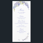 Elegant Lila Wisteria botaniskt skript Bröllop Meny<br><div class="desc">Ge ger dina gäster en förhandsvisning av den förtjusande kulinariska upplevelsen som väntar dem med denna tänkbart designade meny. I kombination med den kaskadande charmen med wisteriska blommar förenas skönhet och nytta i harmonin mellan perfekter. Oavsett om den visas vid varje inställning i ställe eller på en central plats, tillför...</div>