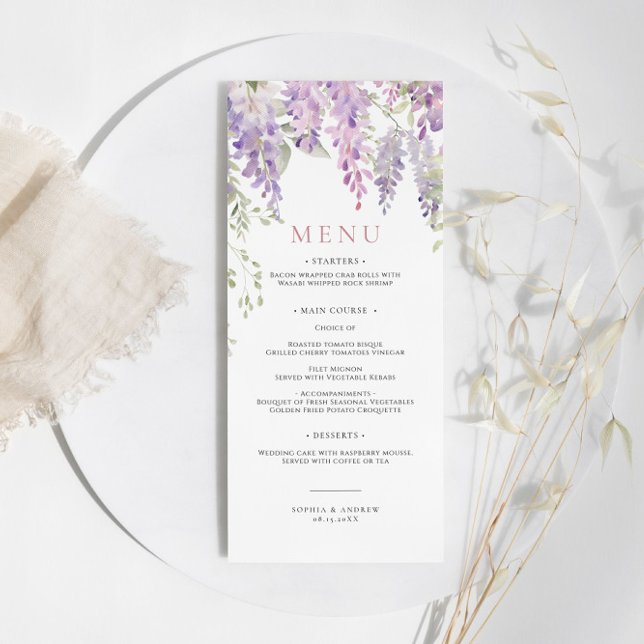 Elegant Lila Wisteria Flowers Bröllop Menu Meny (Skapare uppladdad)