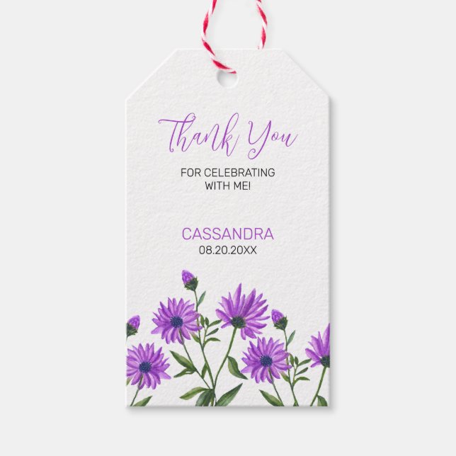 Elegant Lila Xeranthemum Blommigt Tack Presentetikett (Framsidan)