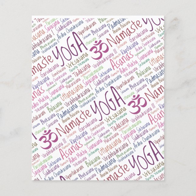 Elegant lila yogapositioner ordmoln mönster flygblad (Framsidan)