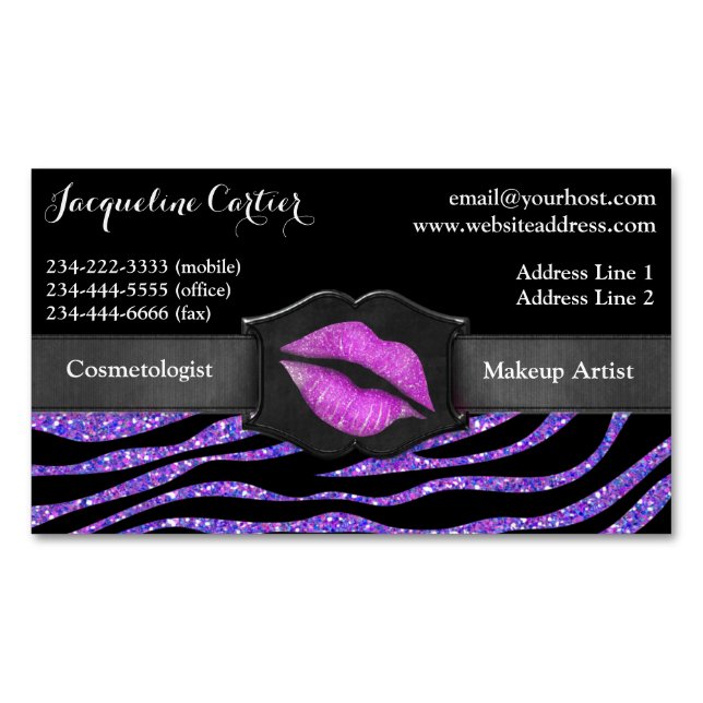 Elegant Lila Zebra Glitter Kiss Cosmetolog Magnetiska Visitkort (Framsida)