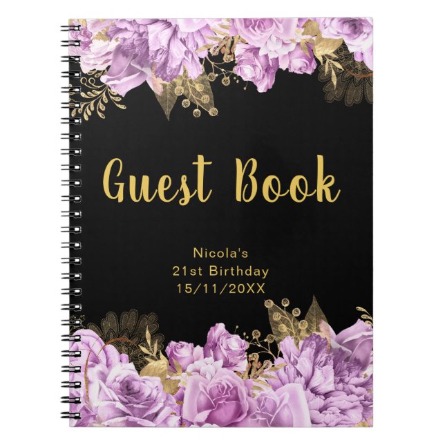 Elegant Lilac and Gold Flowers Birthday Guest Book Anteckningsbok (Framsidan)