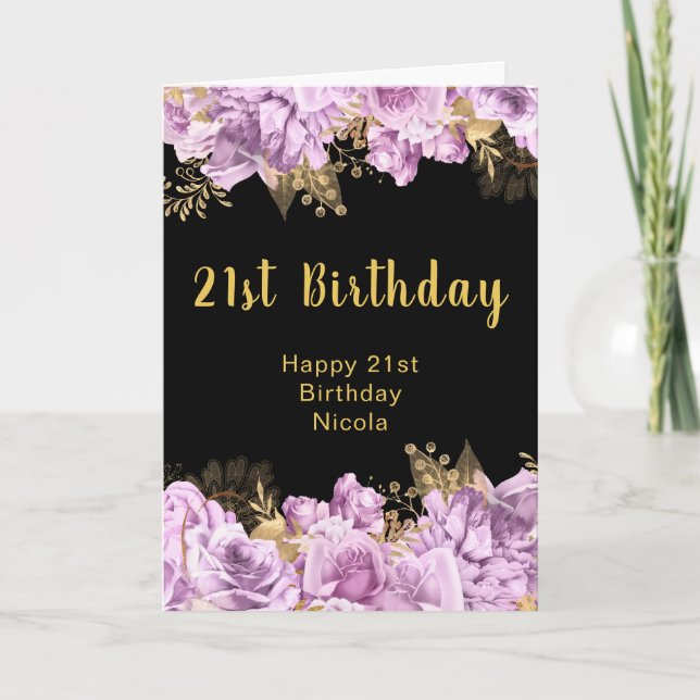 Elegant Lilac and Gold Flowers Birthday Party Kort (Framsida)