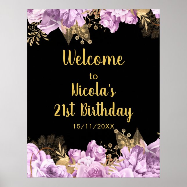 Elegant Lilac and Gold Flowers Birthday Party Poster (Framsidan)