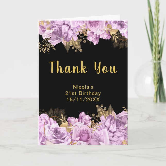 Elegant Lilac and Gold Flowers Birthday Party Tack Kort (Framsida)