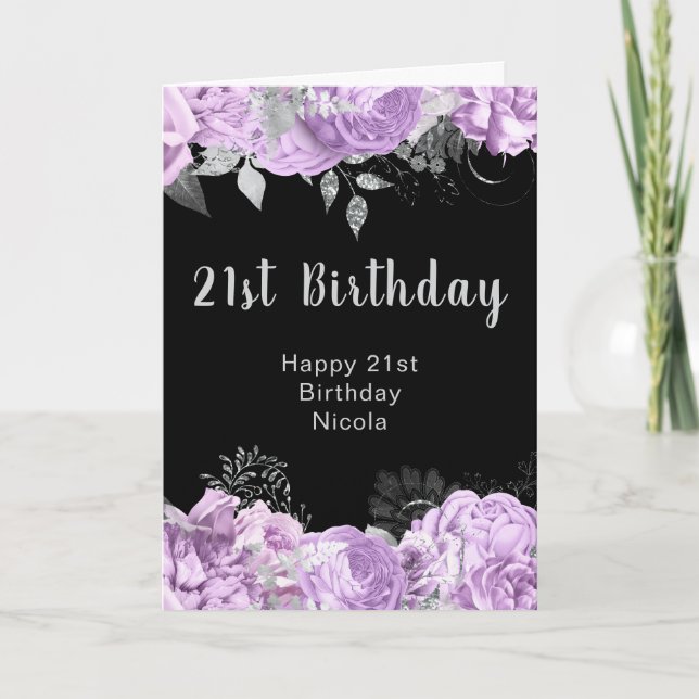 Elegant Lilac and Silver Flowers Birthday Party  Kort (Framsida)