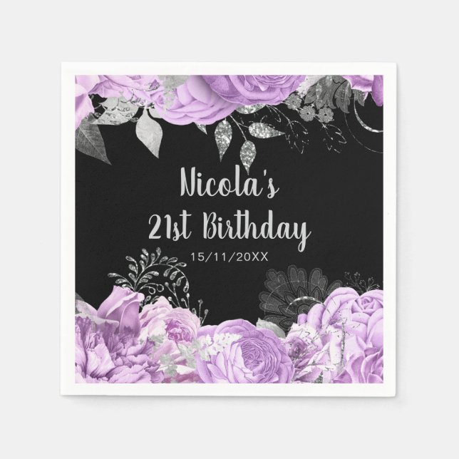 Elegant Lilac and Silver Flowers Birthday Party  Pappersservett (Framsidan)