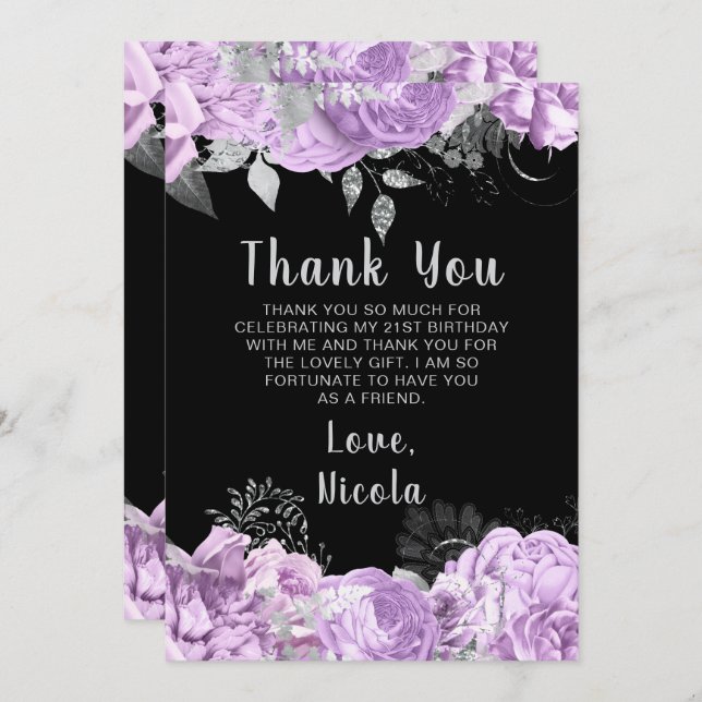 Elegant Lilac and Silver Flowers Birthday Party Tack Kort (Fram/baksida)