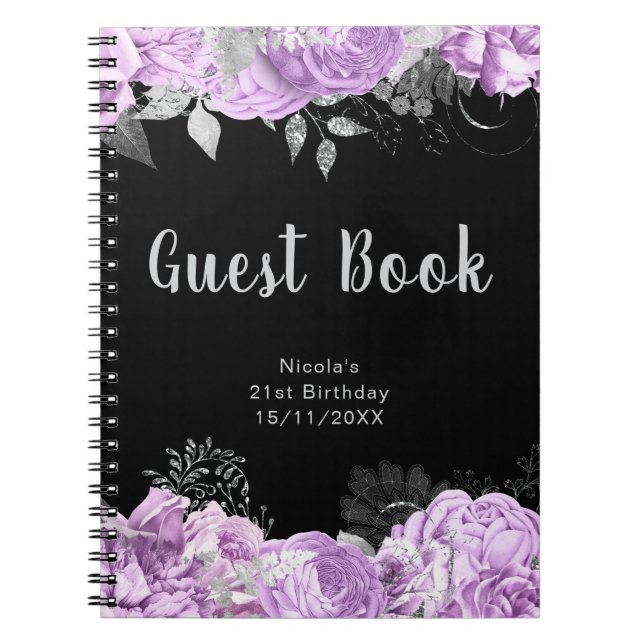 Elegant Lilac and Silver Flowers Guest Book Anteckningsbok (Framsidan)