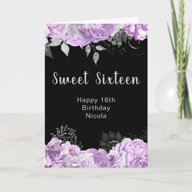 Elegant Lilac and Silver Flowers Sweet Sixteen Kort (Framsida)