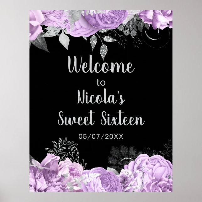 Elegant Lilac and Silver Flowers Sweet Sixteen Poster (Framsidan)
