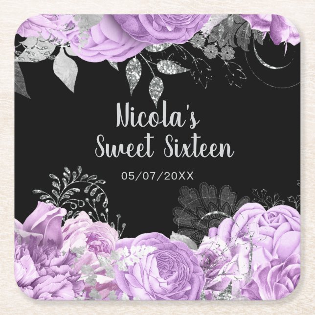 Elegant Lilac and Silver Flowers Sweet Sixteen Underlägg Papper Kvadrat (Framsidan)