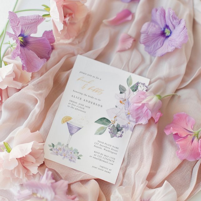 Elegant Lilac Blommigt Brunch & Bubly Möhippa Inbjudningar (Elegant Lilac Floral Brunch & Bubbly Bridal Shower Invitation)