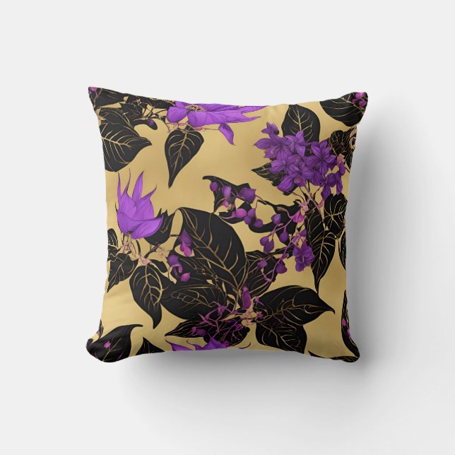 Elegant Lilac Blommigt Cushion med Black Löv på Kudde (Framsida)