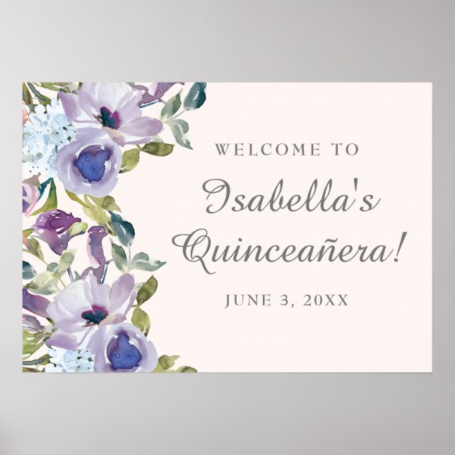 Elegant Lilac Blue Blommigt Quinceañera Välkommen Poster (Framsidan)