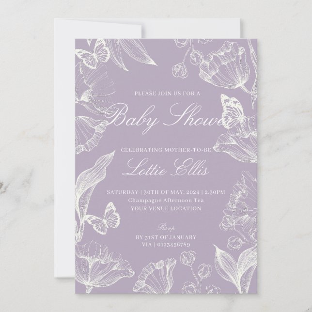 Elegant Lilac Boho Chic Blommigt Girl Baby Shower Inbjudningar (Framsida)