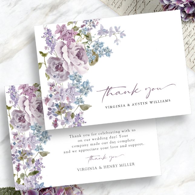 Elegant Lilac Bröllop Tack Kort (Elegant Lilac Floral Wedding Thank You Card by Painted Paperie
)
