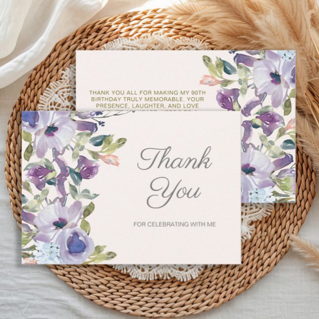 Elegant Lilac Dusty Blue Blommigt Birthday Tack Kort (Purple watercolor floral women's birthday party "Thank you" card)