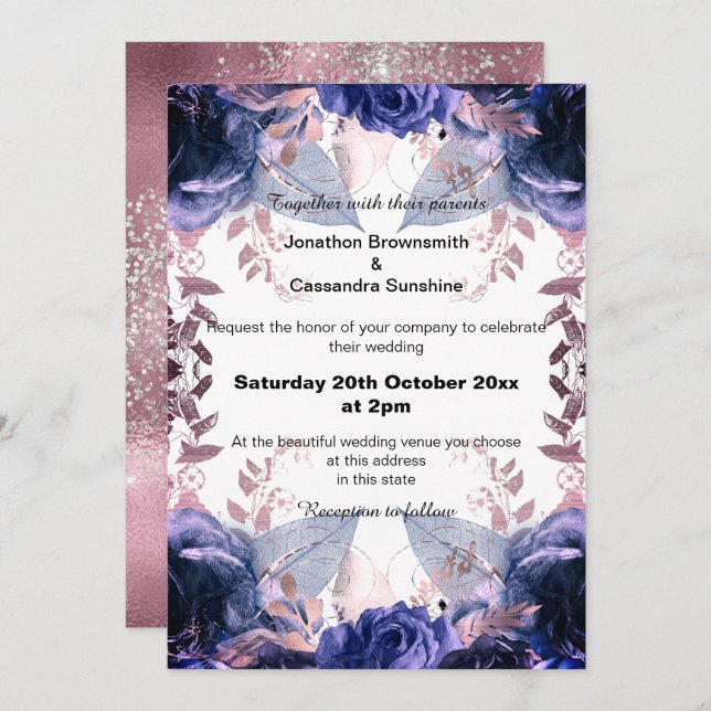ELEGANT LILAC GLITTER BLOMMIGT NAVY BRÖLLOP INBJUDNINGAR (Fram/baksida)