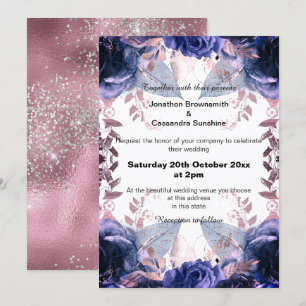 ELEGANT LILAC GLITTER BLOMMIGT NAVY BRÖLLOP INBJUDNINGAR