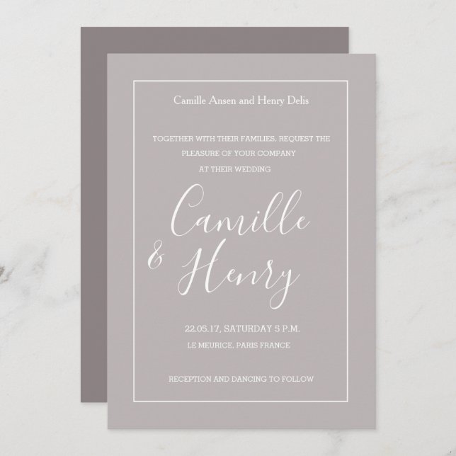 Elegant, lilac grått vit ram modern bröllop inbjudningar (Fram/baksida)