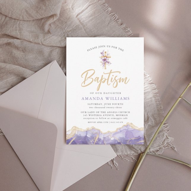 Elegant Lilac Guld Agate med Kor | Baptism Inbjudningar (Skapare uppladdad)