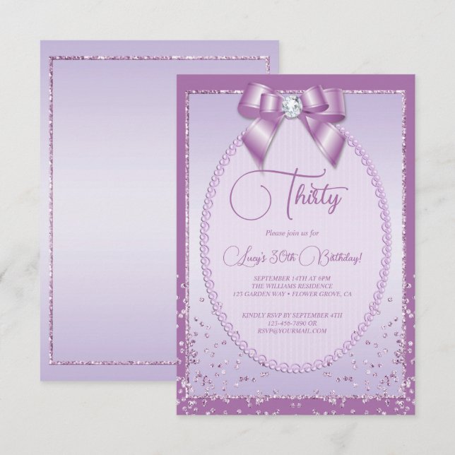 Elegant Lilac Jewel Bow & Confetti Birthday Inbjudningar (Fram/baksida)