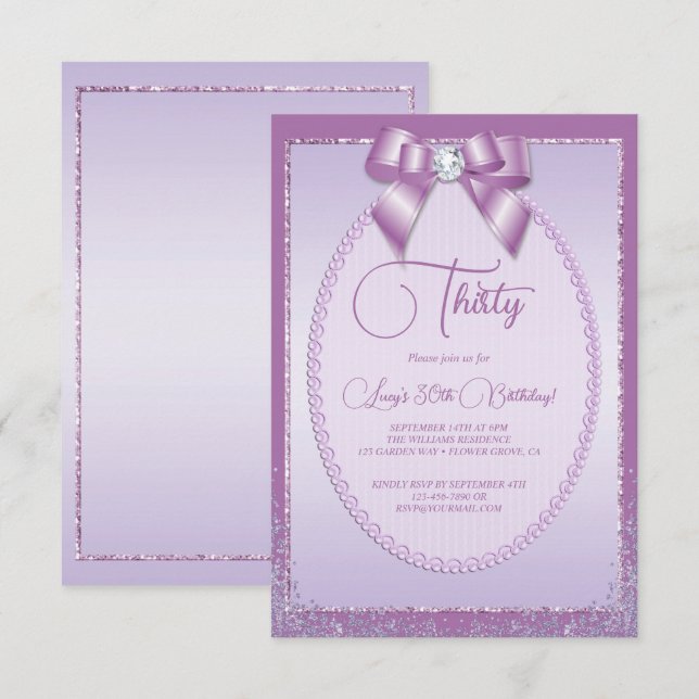 Elegant Lilac Jewel Bow & Glitter Birthday Inbjudningar (Fram/baksida)