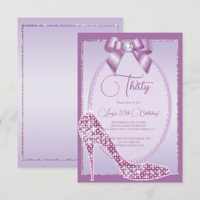 Elegant Lilac Jewel Bow & Stiletto Birthday Inbjudningar (Fram/baksida)