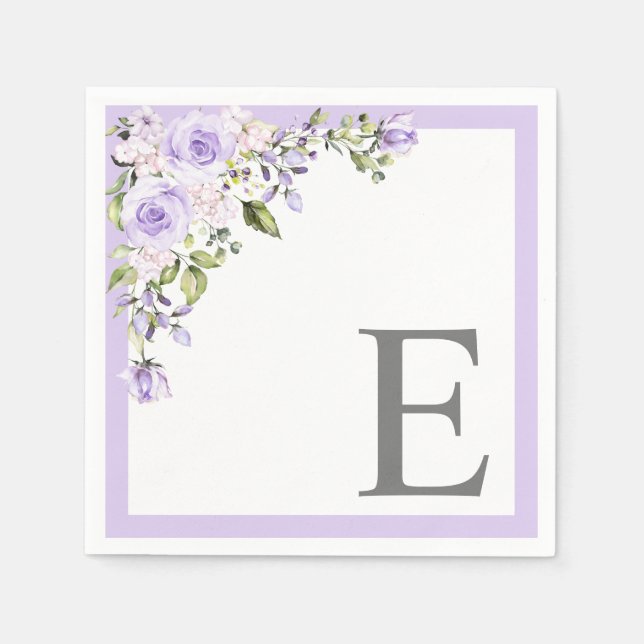 Elegant Lilac Lavender Blommigt Initial Monogram Pappersservett (Framsidan)
