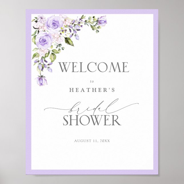 Elegant Lilac Lavender Blommigt Shower Välkommen Poster (Framsidan)