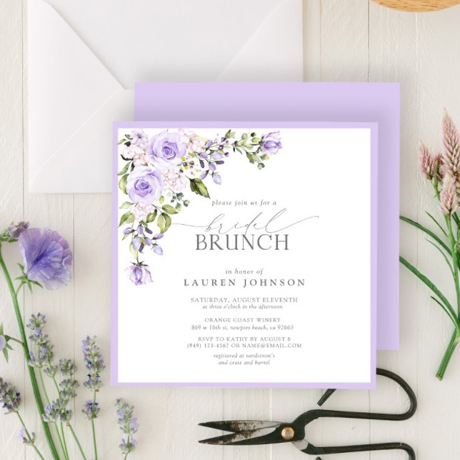 Elegant Lilac Lavender Botanical Möhippa Brunch Inbjudningar (Easily personalize this bridal brunch invitation for the perfect celebration of the bride to be!)