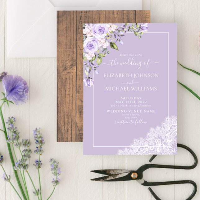 Elegant Lilac Lavender Rustic Wood Snöre Bröllop Inbjudningar (Skapare uppladdad)