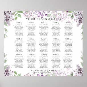 Elegant Lilac Lila Blommigt Bröllop Sittdiagram Poster
