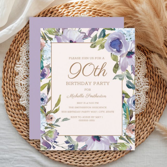 Elegant Lilac Lila Blommigt Greenery 90:e Birthday Inbjudningar (Purple watercolor floral 90th birthday party invitation)