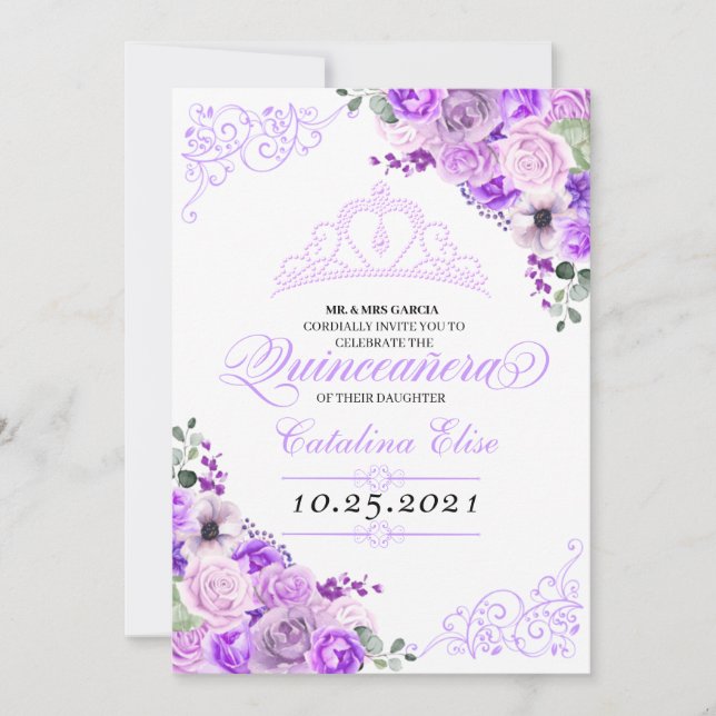Elegant Lilac Lila Blommigt Quinceanera Birthday Inbjudningar (Framsida)