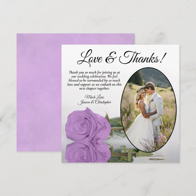 Elegant Lilac Lila Ro med Oval Photo Bröllop Tack Kort (Fram/baksida)