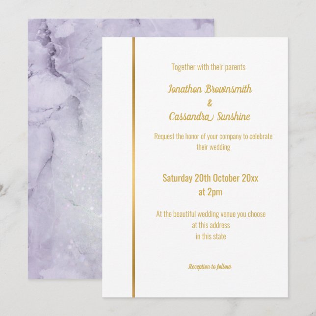ELEGANT LILAC MARBLE GULD WEDING INVITATION INBJUDNINGAR (Fram/baksida)
