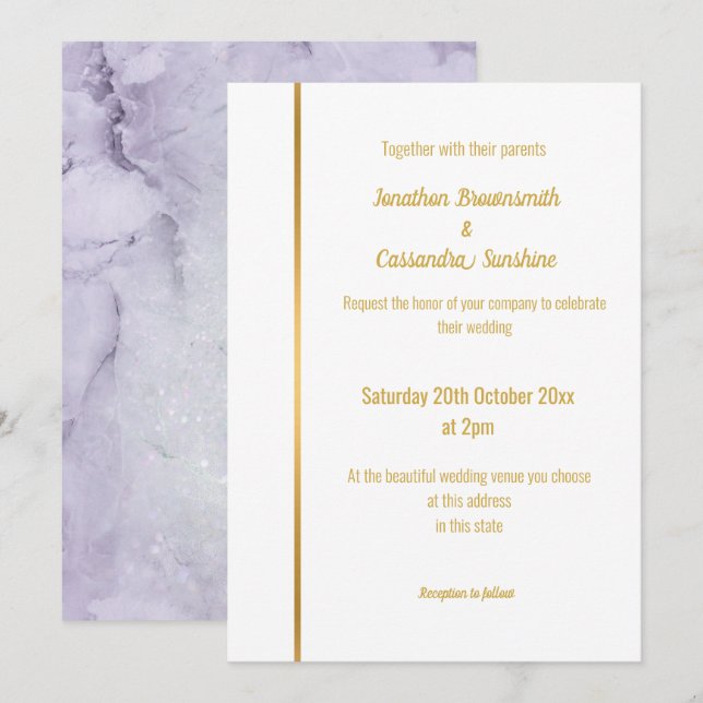 ELEGANT LILAC MARBLE GULD WEDING INVITATION INBJUDNINGAR (Fram/baksida)