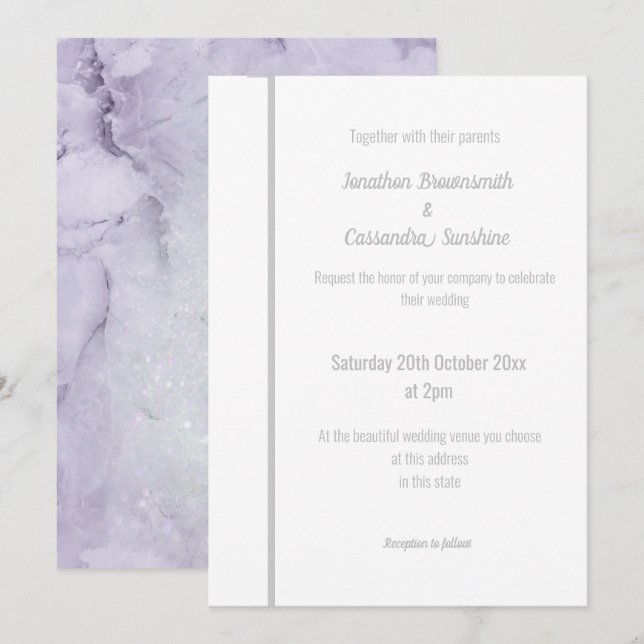 ELEGANT LILAC MARBLE SILVER WEDING INVITATION INBJUDNINGAR (Fram/baksida)