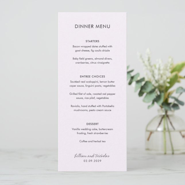 Elegant Lilac Modern Bröllop Meny (Stående Fram)
