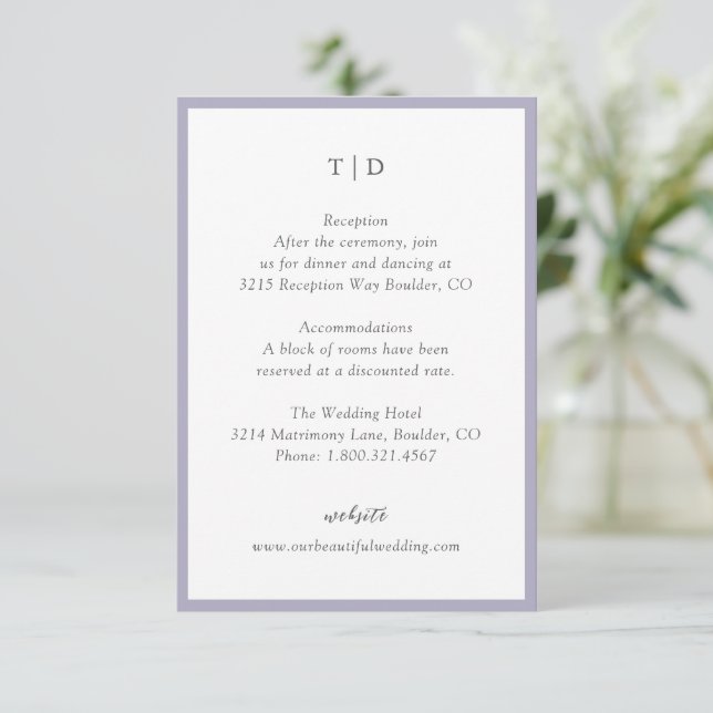Elegant Lilac Monogram Modern Bröllop Tilläggskort (Stående Fram)