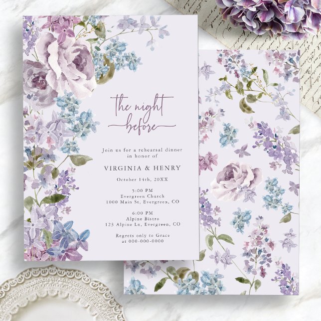 Elegant Lilac natten före rehearsal Middag Inbjudningar (Elegant Purple Lilac The Night Before Rehearsal Dinner Invitation by Painted Paperie
)